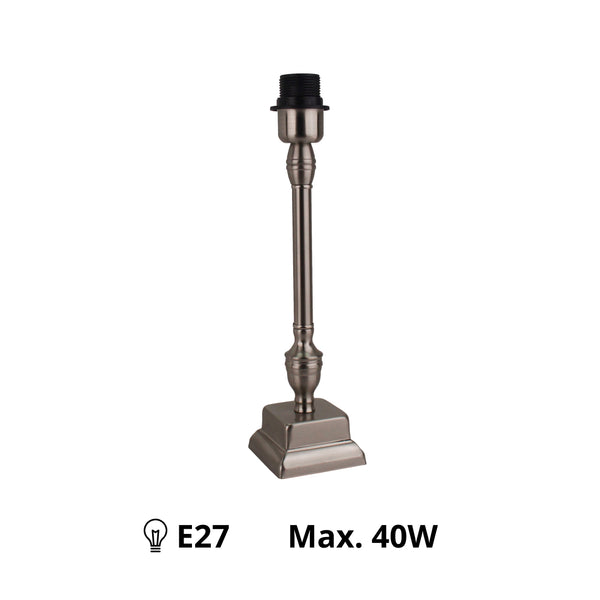 Seitenansicht: Metall-Lampenfuß Nickel Matt mit E27-Fassung.