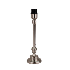 Lampenfuß aus Metall in Nickel Matt mit E27-Fassung, 35 cm hoch, moderne runde Basis.