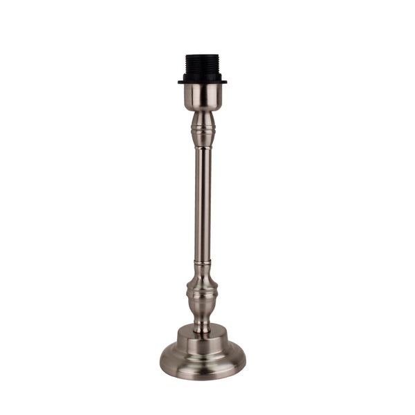 Lampenfuß aus Metall in Nickel Matt mit E27-Fassung, 35 cm hoch, moderne runde Basis.