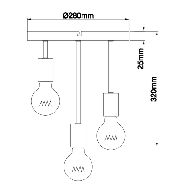 Runde Deckenleuchte Chericoni Basic, schwarz, Ø28 cm, 3-flammig, E27, in drei Höhen einstellbar.
