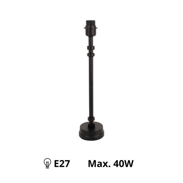 Schwarzer Metall-Lampenfuß mit E27-Fassung, erhältlich in 38 cm und 45 cm Höhe.