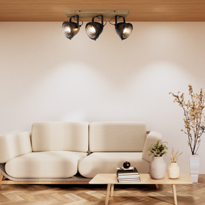 Moderne 3-flammige Chericoni Bella Deckenleuchte, Ø13 cm, Black Steel mit Vintage-Holz-Akzenten, ideal für Wohn- oder Arbeitsräume.