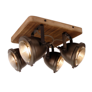 Der Chericoni Bella Deckenstrahler vereint Black Steel und Vintage Holz, Ø13 cm, 4-flammig, für gezielte und stilvolle Beleuchtung.