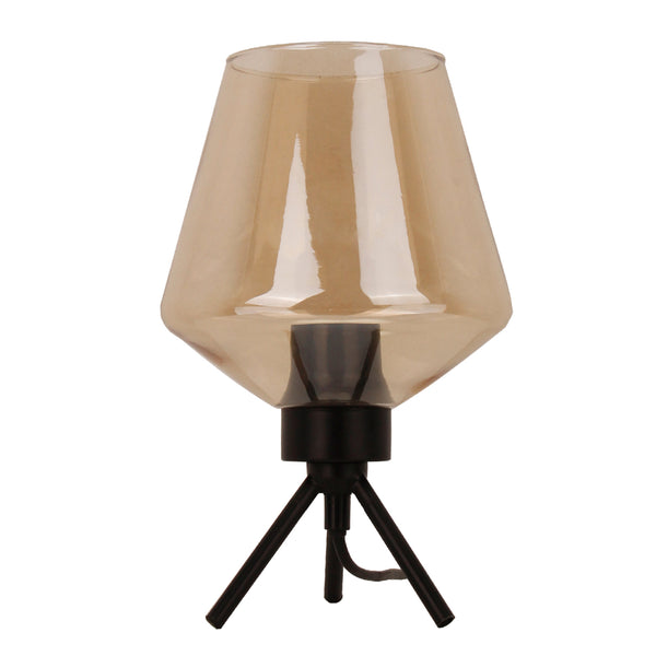 Stilvolle Glas-Tischlampe mit Dreibein-Gestell und warmem Licht