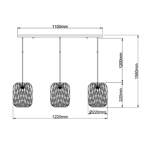 Diverse 3-lichts hanglamp Kruis – Naturel/Bamboe – Hoogte 156 cm – Ø22 cm