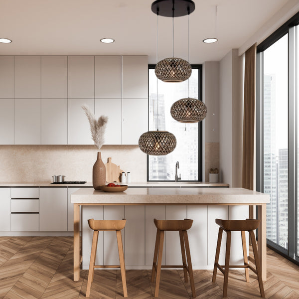 Verschillende geweven hanglampen – 3 hoogtes met 3 bamboe kappen Ø28cm – Stijlvolle verlichting met een natuurlijke uitstraling