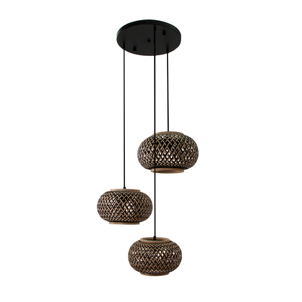 Verschillende geweven hanglampen – 3 hoogtes met 3 bamboe kappen Ø28cm – Stijlvolle verlichting met een natuurlijke uitstraling