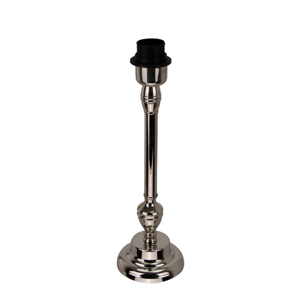 Glänzender Lampenfuß aus Metall in Nickel-Optik, 35 cm hoch, E27-Fassung.
