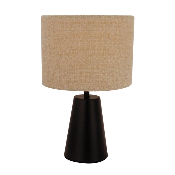 Design-Tischlampe mit E27-Fassung und konischer Metallbasis.