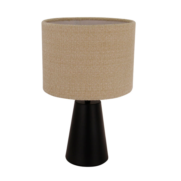 Design-Tischlampe mit E27-Fassung und konischer Metallbasis.