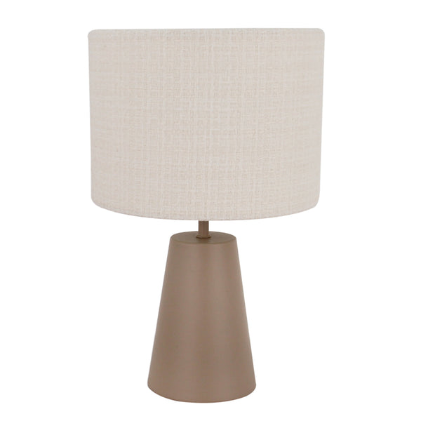 Design-Tischlampe mit E27-Fassung und konischer Metallbasis.