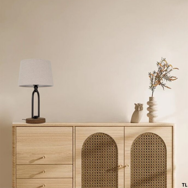 Various Tischlampe Vintage – Tischleuchte mit Holzfuß und Metallbügel, Schirm Stoff Beige, E27, Höhe 45cm – Ohne Leuchtmittel
