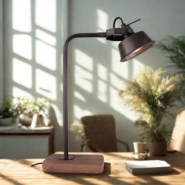Various Max Tischlampe – Industrial Design – Schwarzes Metall & Holz – GU10 – 40 cm hoch