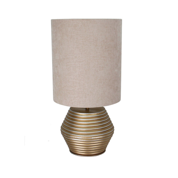 Moderne Tischleuchte Tin in elegantem Gold und creme. Diese Leuchte setzt stilvolle Akzente in jedem Wohnraum.