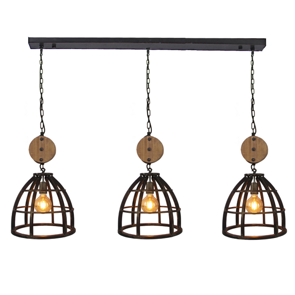 Various Frame Hängelampe Ø34 cm Schwarz mit Holz – industrielle 3-flammige Lampe