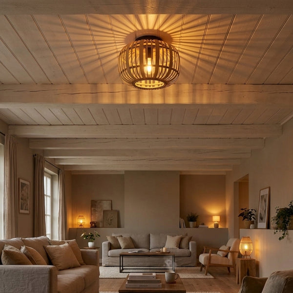 Die braune Rattan-Deckenleuchte bringt ein warmes, natürliches Ambiente in jeden Raum. Perfekt für gemütliche Abende.