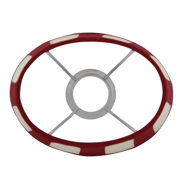 Detailaufnahme des ovalen Lampenschirms in Rot und Beige.