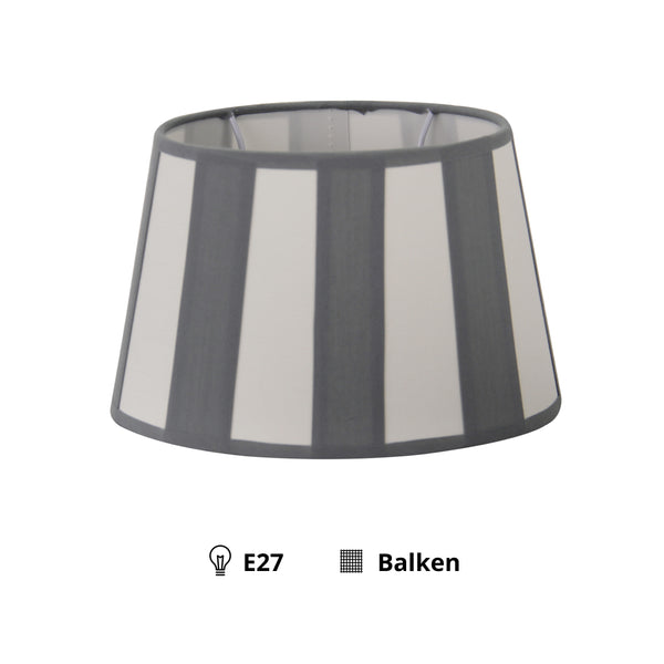 Detailansicht des ovalen Lampenschirms in Grau und Weiß. Zeitloses Design für eine harmonische Lichtgestaltung in jedem Raum.