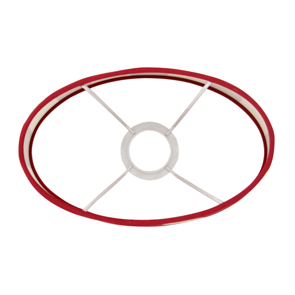 Detailansicht des ovalen Lampenschirms in Rot und Weiß. Er ergänzt moderne Einrichtungsstile perfekt und setzt Akzente.
