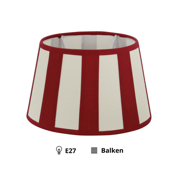 Detailaufnahme des ovalen Lampenschirms in Rot und Weiß. Dieser moderne Schirm bringt Farbe und Stil in jeden Raum.