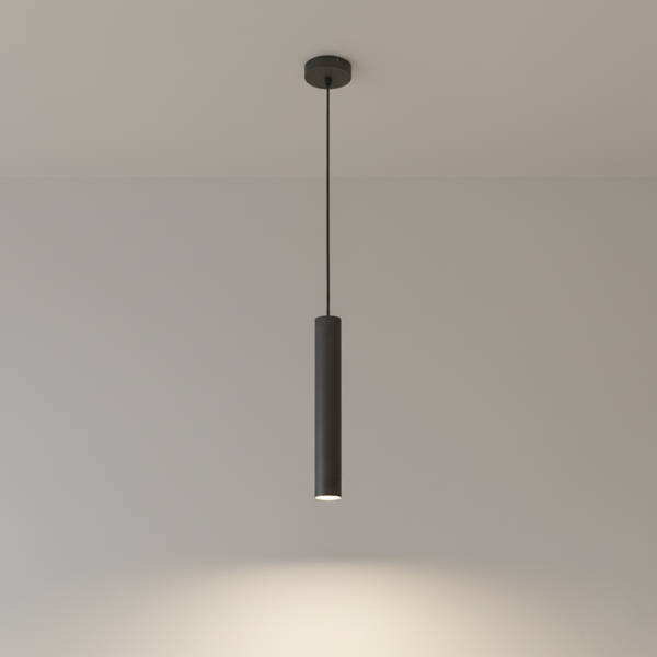 Detailansicht der grauen Pendelleuchte Tubo in Betonoptik. Ihr modernes Design bringt industriellen Charme in jeden Raum.