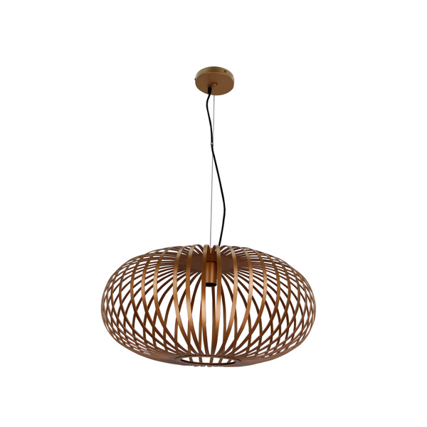 Detailaufnahme der goldenen Pendelleuchte Curvato mit industriallem Flair. Ein Highlight für moderne Wohnräume.