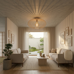 Die sandfarbene Curvato Deckenleuchte besticht durch ihr modernes Japandi-Design. Sie bringt Ruhe und Eleganz in jeden Raum.