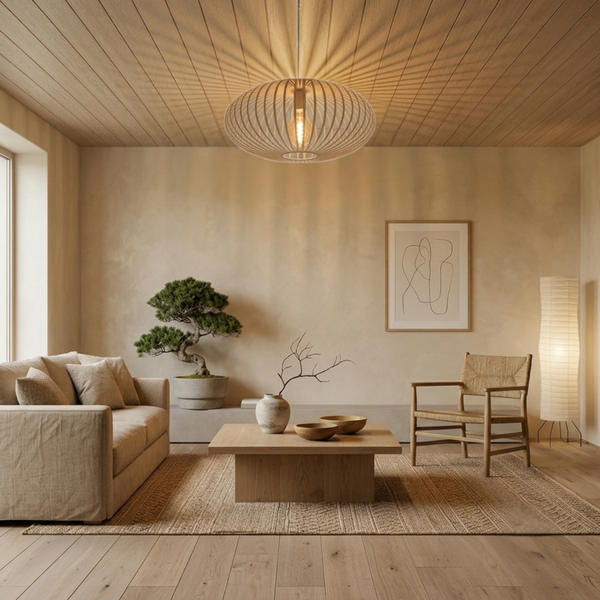 Die Curvato Deckenleuchte in sanftem Sandton vereint minimalistisches Japandi-Design mit warmem Licht für gemütliche