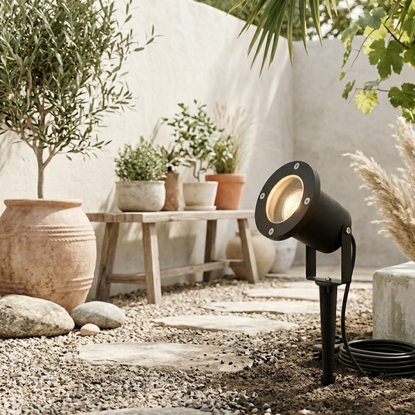 Der schwarze Außenstrahler Ray sorgt für zeitlose Akzente im Garten. Ideal für stimmungsvolle Abende im Freien.