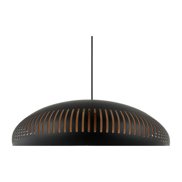 Die schwarze Pendelleuchte Strisce besticht durch ihr industrielles Design.