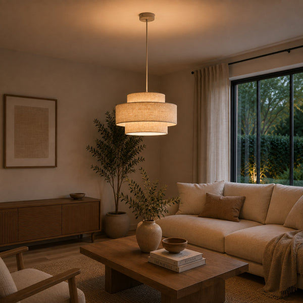 Die beigen Trilo Pendelleuchte vereint Japandi-Ästhetik mit warmem Licht. Ideal für ein gemütliches Ambiente.