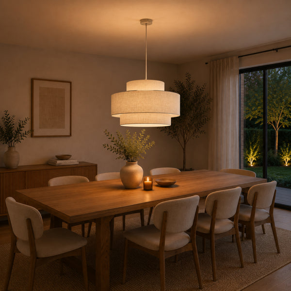 Die beige Trilo Pendelleuchte verbindet Japandi-Design mit natürlicher Eleganz. Perfekt für ein harmonisches Wohnambiente.