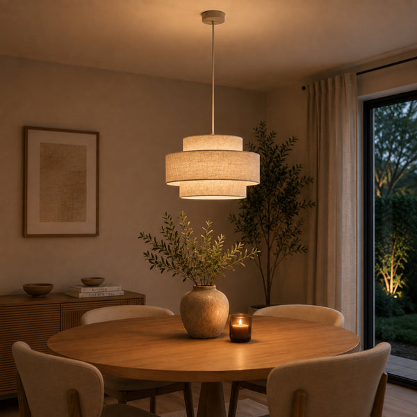 Die beige Trilo Pendelleuchte vereint Japandi-Design mit natürlichem Charme. Sie schafft eine warme, einladende Atmosphäre.