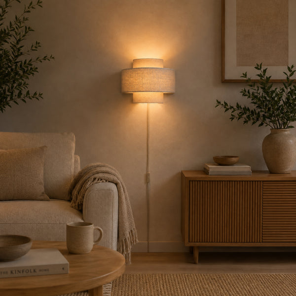 Die beige Wandleuchte Trilo vereint Japandi-Style mit zeitloser Eleganz. Ideal für gemütliche Akzentbeleuchtung.