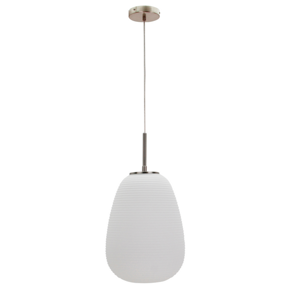Detailansicht der modernen Costola Pendelleuchte in Weiß und Silber. Sie bringt zeitgemäßen Chic in jeden Wohnraum.