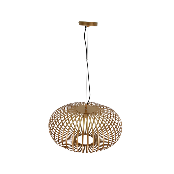Detailaufnahme der goldenen Pendelleuchte Curvato. Ihr industrielles Design verleiht jedem Raum einen eleganten Akzent.
