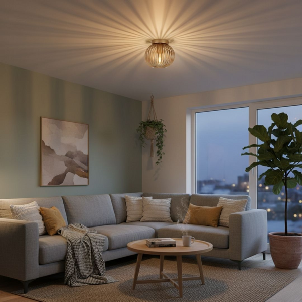 Die goldene Deckenleuchte Curvato begeistert mit modernem Design und schafft eine warme Atmosphäre in jedem Raum.