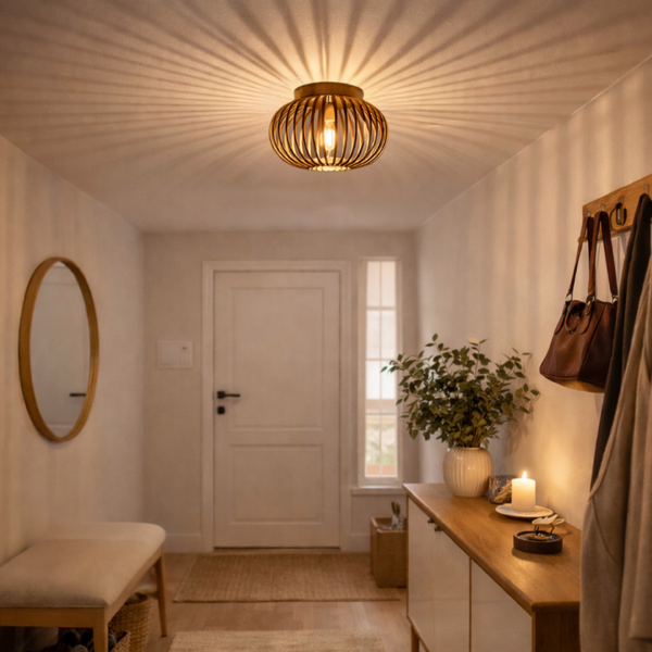 Detailaufnahme der goldenen Deckenleuchte Curvato mit modernem Design. Sie verleiht jedem Raum einen Hauch von Eleganz.