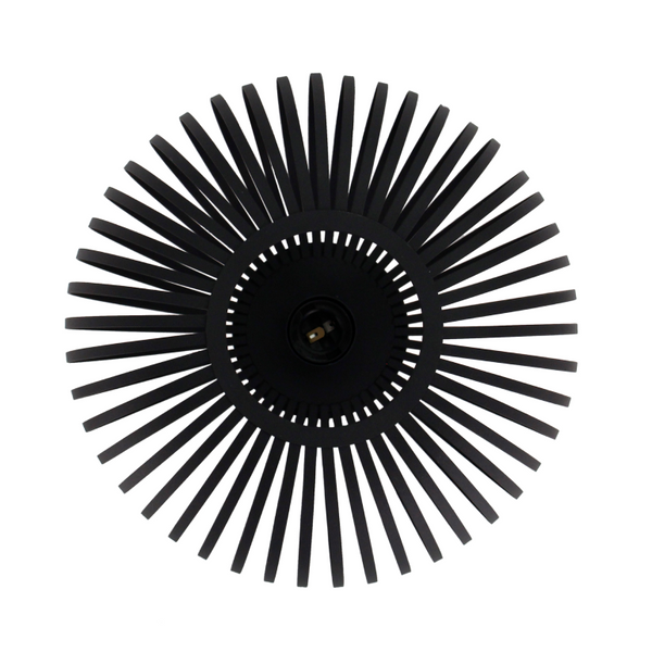 Blick von unten auf die schwarze Deckenleuchte Curvato. Ihr industrielles Design bringt Charakter in jeden Raum.