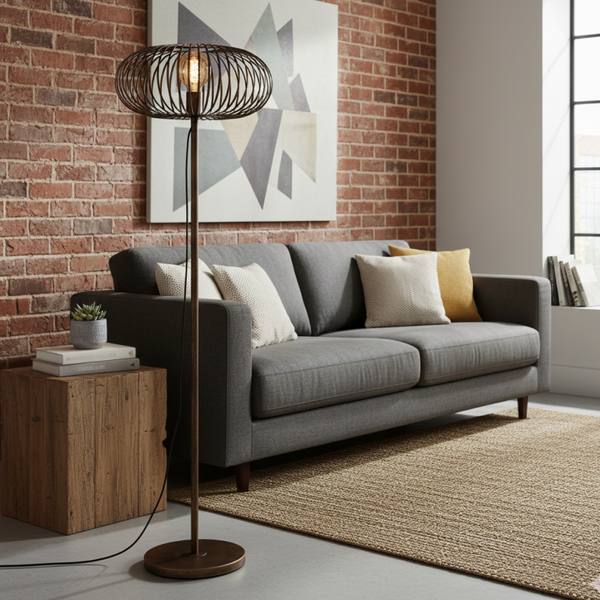 Detailansicht der modernen Stehleuchte Curvato in Bronze. Ihr elegantes Design verleiht jedem Raum ein warmes Ambiente.