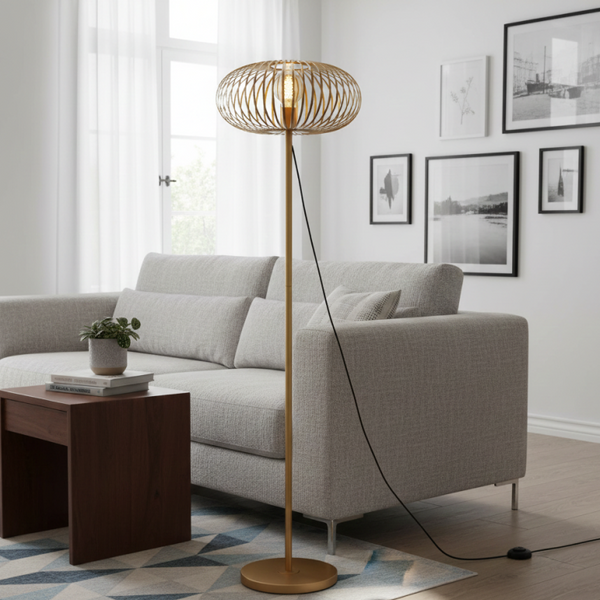 Goldene Stehleuchte Curvato mit modernem Design verleiht jedem Raum einen Hauch von Eleganz und Wärme.