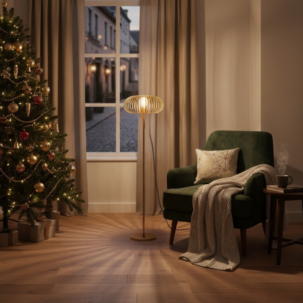 Detailaufnahme der goldenen Curvato Stehleuchte, die modernes Flair und edles Licht in jeden Raum bringt.