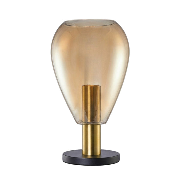 Detailaufnahme der goldenen Tischleuchte Gary mit modernem Design. Sie bringt Eleganz und warmes Licht in jeden Wohnraum.