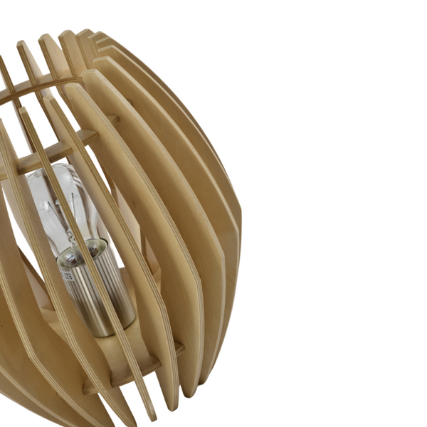 Detailaufnahme der braunen Tischleuchte aus der Hout-Serie. Ihr warmes Holzdesign bringt Gemütlichkeit in jeden Raum.