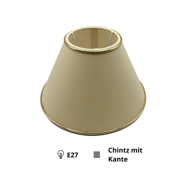 Detailansicht des beigen Lampenschirms Top mit goldenen Akzenten. Ideal für eine warme und einladende Beleuchtung.