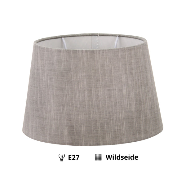 Detailaufnahme des ovalen Lampenschirms in Grau. Perfekt, um sanftes Licht und stilvolle Akzente zu setzen.