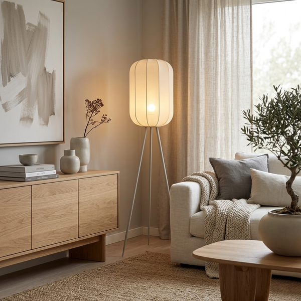 Die cremefarbene Stehleuchte Lecce vereint Japandi-Stil mit modernem Design. Perfekt für gemütliche Wohnräume.