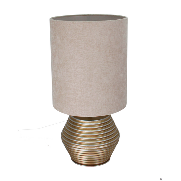 Detailansicht der eleganten Tischleuchte Tin in Creme und Gold. Ideal für moderne Räume und stimmungsvolles Licht.