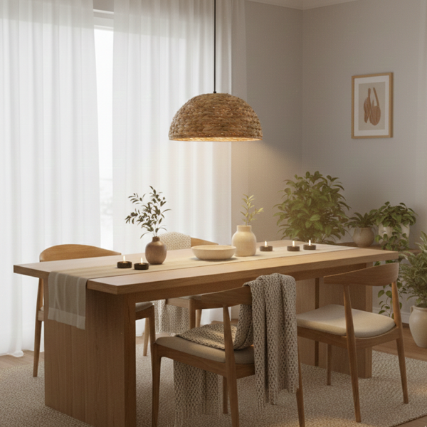 Detailaufnahme der braunen Pendelleuchte Nature Treccia. Ihr Bohemian-Charme bringt Wärme und Stil in jeden Raum.