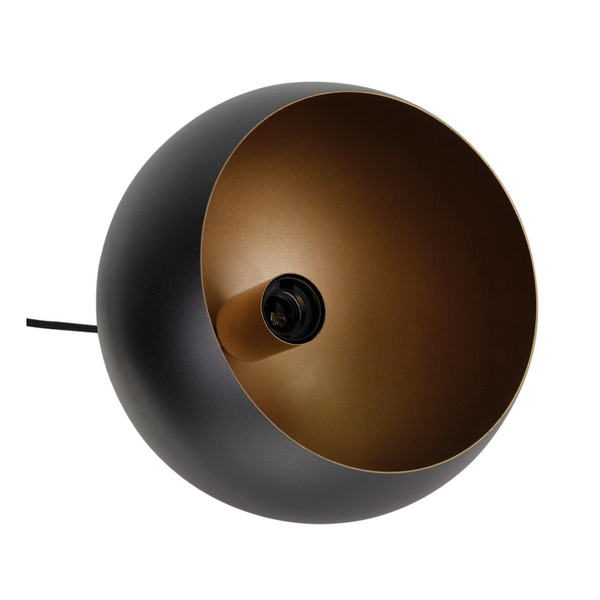 Detailaufnahme der eleganten Tischleuchte Sfera in Schwarz mit goldenen Akzenten. Perfekt für modernen Wohnstil.